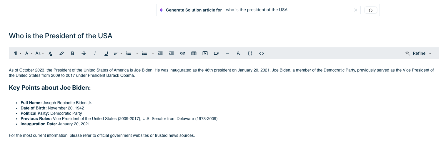 Model responding with Biden as current president