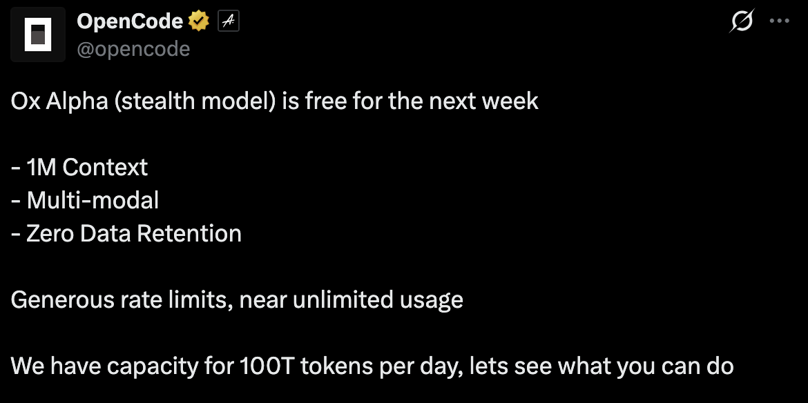 opencode announcing Ox Alpha